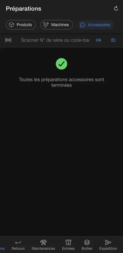 App Warehouse — préparation, onglet Accessoires
