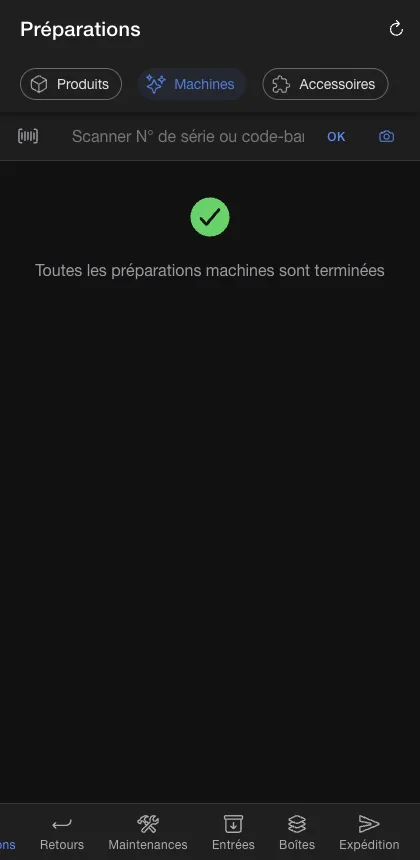 App Warehouse — préparation, onglet Machines