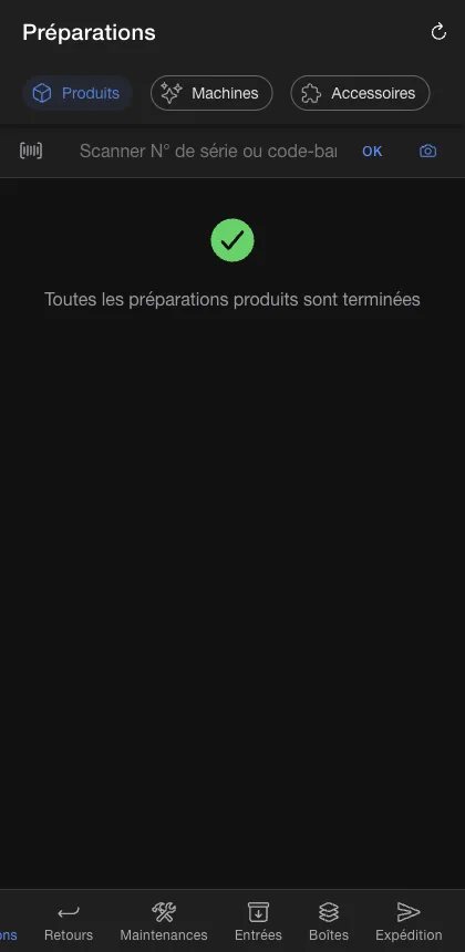 App Warehouse — préparation, onglet Produits