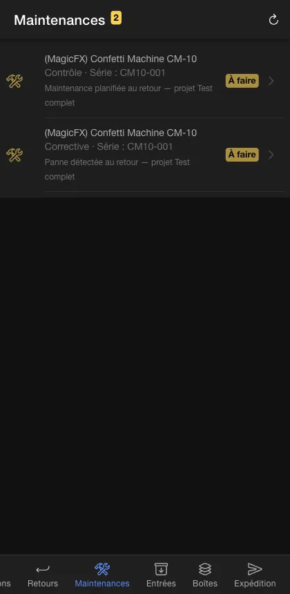 App Warehouse — écran Maintenances